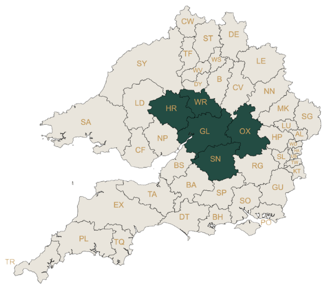 Imperial Surveyors postcode coverage map for Cheltenham, the Cotswolds and surrounding areas